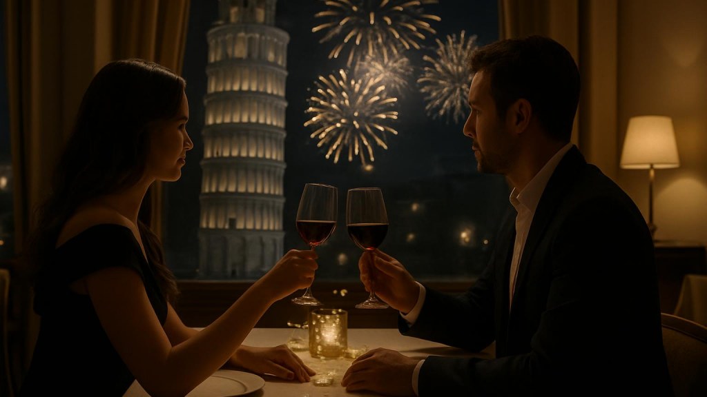 Coppia durante una cena romantica di Capodanno