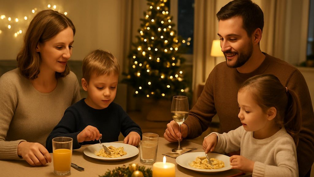 Famiglia con bambini in ambiente accogliente per Capodanno
